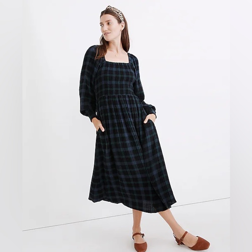 Madewell Lightspun Lucie Long-Sleeve Smocked Plaid Midi Dress Small